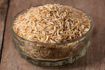 Raw brown rice in a bowl