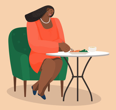 African American Woman Sitting In Cozy Armchair At Home At A Table Eating Salad Vector Illustration. Female Character Having Lunch In A Restaurant. Moden Girl Is Having Dinner In A Cafe At Small Table