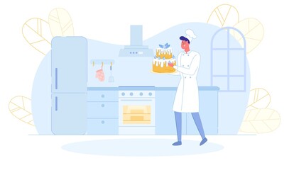 Confectioner Cooking Birthday or Wedding Cake Vector Illustration