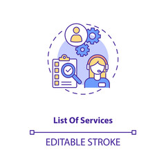 List of services concept icon. Business management. Check document. Work task. Virtual assistant help idea thin line illustration. Vector isolated outline RGB color drawing. Editable stroke