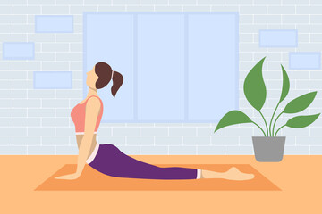 A woman does yoga at home. The girl is standing in a yoga pose. Stay at home during quarantine.  llustration in flat cartoon style.