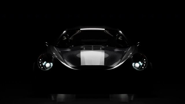 Black car in studio and light from above.Car animation, 3D Render.