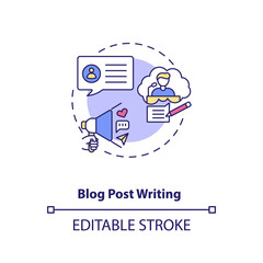 Blog post writing concept icon. Online content. Copywriting author. Freelance position. Remote work idea thin line illustration. Vector isolated outline RGB color drawing. Editable stroke
