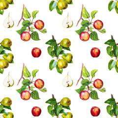 Seamless watercolor pattern with pears and apples isolated on white background