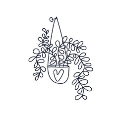 Hanging potted house plant in outline black and white doodle style. Vector illustration isolated on white background. For cards, posters, stickers, package and professional floral design.