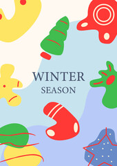 Seasonal festive holiday abstract poster template. Christmas party. Commercial flyer design with flat illustration. Vector cartoon promo card with organic shapes. Wintertime advertising invitation