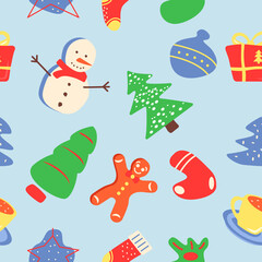 Merry Christmas abstract seamless pattern. Winter season holiday greeting. Geometric flat vector shapes. Wintertime texture with cartoon color icons. Decorative boho design with graphic elements