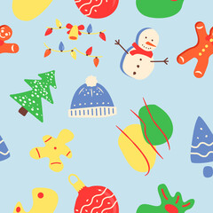 Winter season abstract seamless pattern. Traditional festive greeting. Geometric flat vector shapes. Wintertime texture with cartoon color icons. Decorative boho design with graphic elements