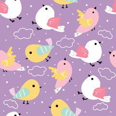 Seamless pattern with cartoon birds and clouds. for fabric print, textile, gift wrapping paper. colorful vector for kids, flat style
