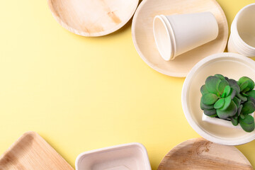 Biodegradable, Compostable, Disposable or Eco friendly utensil (plate, dish, bowl, cup) on yellow background, Sustainable concept