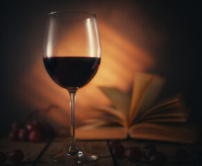 Glass of wine and book on the table