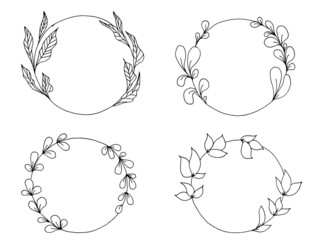 Hand drawn vector frame. Floral wreath with leaves for wedding and holiday. Decorative elements for design. Isolated. 4 vector new year frames. Botanical frames for decorating New Year cards