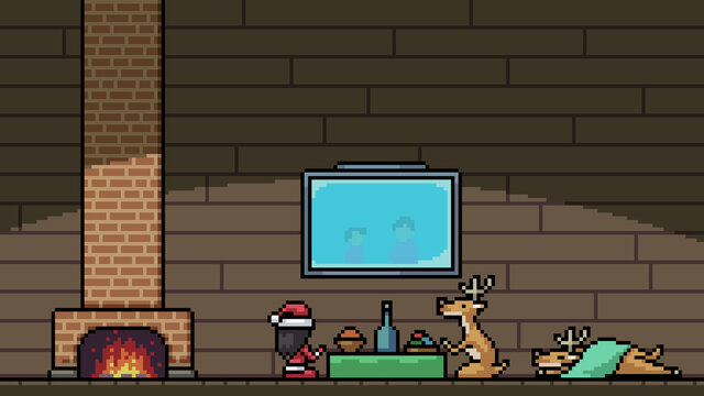 pixel art scene Santa Claus home