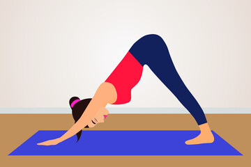 The girl does yoga at home. The concept of a healthy lifestyle and home yoga .A girl in sports clothes stands on a Mat in Asana.Vector illustration