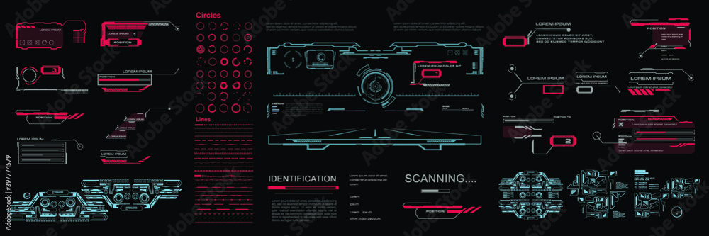 Poster Set HUD elements. HUD Futuristic user interface. Virtual graphical user screen with options and settings for HUD, GUI, UI. Cyber interface with screens and HUD elements