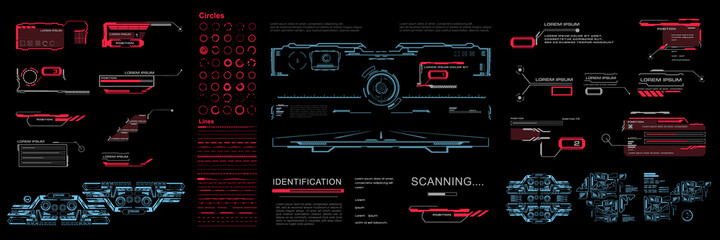 Set HUD elements. HUD Futuristic user interface. Virtual graphical user screen with options and settings for HUD, GUI, UI. Cyber interface with screens and HUD elements