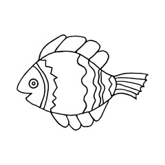 Hand-drawn contour vector fish. Sea sketch doodle illustration. Ornamental fish with patterns. Black cute silhouette