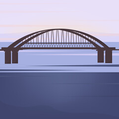 Bridge over the river. An architectural structure of a city pedestrian or transport bridge. Sunrise or sunset in the background. Vector flat style illustration.