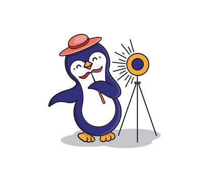 The Penguin taking a picture of himself in front of a photobooth. The happy cartoonish character is good for family designs, t-shirts, clothes, stickers, etc. Vector illustration