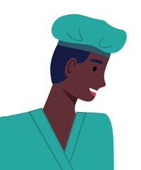 Doctor in medical uniform green cap and suit. Young handsome intern avatar in a flat vector style. Physician male smiling character side view. Man dark-skinned medical worker on white background
