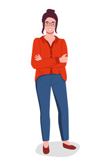 Caucasian woman stands crossed both hands on her chest. Full length of young female character in glasses wearing jeans and red blouse vector isometric design illustration isolated on white background