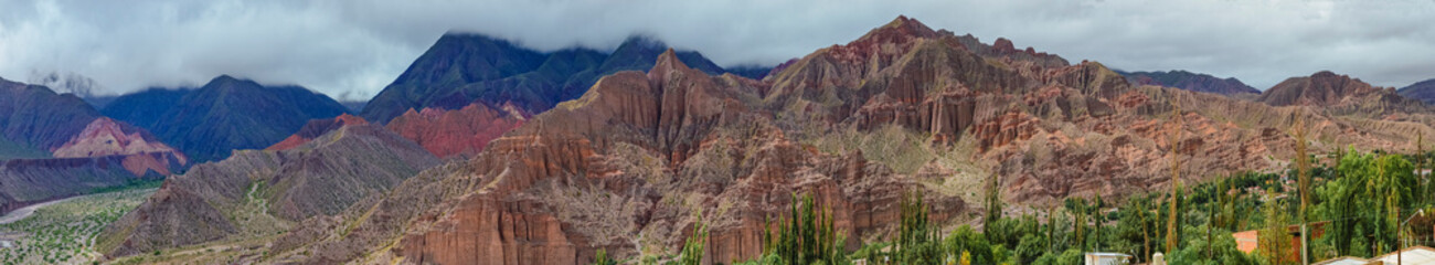 Panoramic photo of the valley landscape view from the path to the Garganta del Diablo in Tilcara, Jujuy, Argentina. Quebrada de Humahuaca
