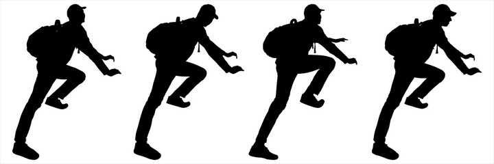 Fototapeta na wymiar Climber with a backpack on his back and a baseball cap. Tourist climbs up the slope. Man lifted his leg and stretches forward. Hiking. Four black male silhouettes are isolated on a white background.