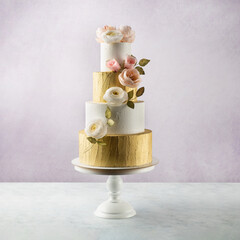 Tiered cake for wedding or birthday. Beautiful festive white and gold cake decorated with flowers over white concrete background. Side view