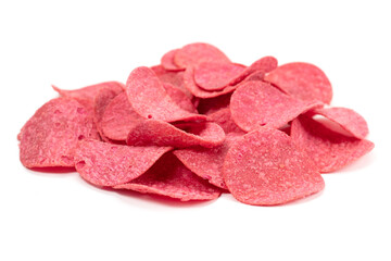 Pink potato chips isolated on white background
