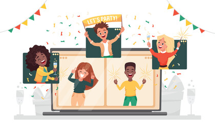 Online party. Virtual New Year company party. Diverse people dancing and chatting celebrating the holiday on via video call. Friends meeting up online. Vector cartoon flat illustration 