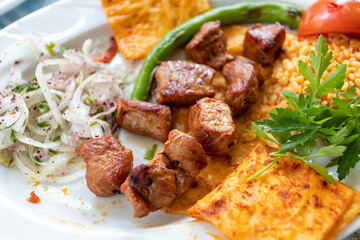 meat shish kebab in a plate with appetizers
