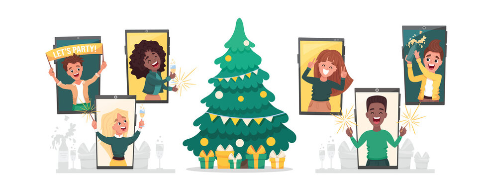 Online party. Virtual New Year company party. Diverse people celebrating Christmas eve via video call with decorations around fir tree. Friends meeting up online. Vector cartoon flat illustration 
