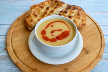 Red lentil soup. Traditional middle eastern, turkish , ramadan cuisine. Vegan food .