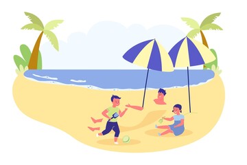 Obraz na płótnie Canvas Father and Children Character Having Fun on Beach.