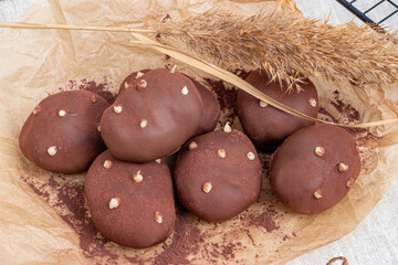 Dessert potatoes on wooden hemp