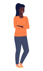 Young beauty african american woman. Illustration of smiling girl in a yellow blouse and blue jeans isolated on white. Black woman with ponytail hairstyle. Flat vector pretty black female character