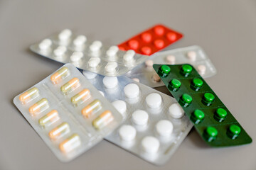 Medicine Drugs Various medicines. Pads, capsule blisters, glass vials with liquid medicine
