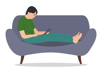 A man with a tablet in his hands sits on the couch. Guy is sitting and playind on the mobile phone. Male character at a psychologist appointment isolated on white background vector illustration