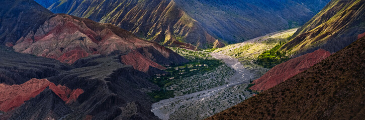 Panoramic photo of the valley landscape view from the path to the Garganta del Diablo in Tilcara,...