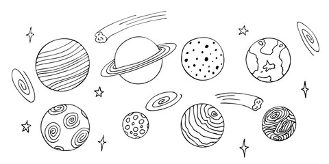 Eight different planets. View from space, stars, flying comet and galaxy. Hand drawn sketch, outline, black and white.