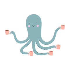 Funny octopus with a mug of coffee. Cartoon character. Vector illustration isolated on a white background. Good for posters, textiles, t shirts.