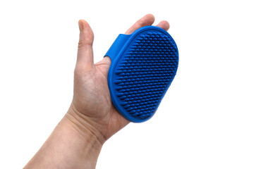 Worn on hand soft blue rubber massage brush for animals. Pet care accessories. Hand-held massage...