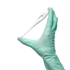 close up hand in a latex glove with thermometer isolated on a white background