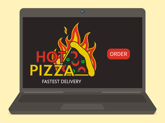 The fastest food service. Pizza with pepper on computer screen. Advertising of food delivery from a pizzeria vector illustration. Program for ordering pizza online. Laptop isolated on light background