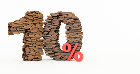 concept of wooden bricks that build up to form the 10% off,.promotion symbol, wooden 10 percent on white background. 3d render