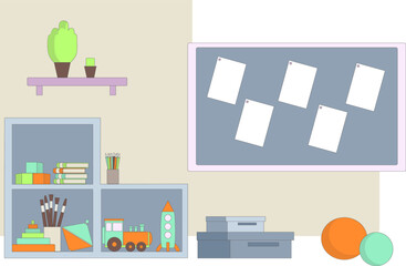 Preschool kindergarten classroom with desk, chairs, chalkboard and toys. Flat style cartoon vector illustration with isolated objects.