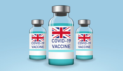 Background with ampoules of the coronavirus vaccine. Vaccination in the UK