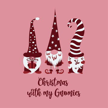 Merry Christmas greeting card with three red scandinavian gnomes on pink background.