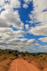 Fototapeta na wymiar Mountain dirt road with big clouds.Nature elements concept 