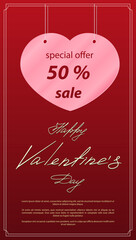 Valentine's day sale vertical banner. Pink heart in the center, red gradient background. 